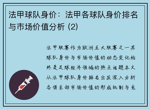 法甲球队身价：法甲各球队身价排名与市场价值分析 (2)